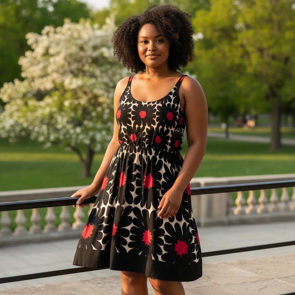 Black & Red Floral Sleeveless Midi Dress